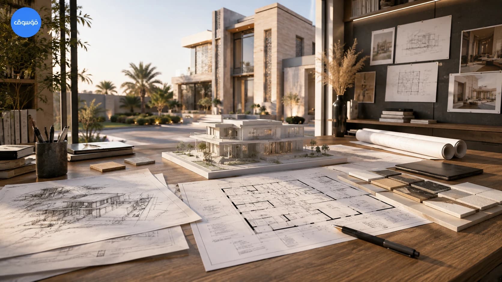 Architectural design process in a Saudi villa design studio with drawings and scale model