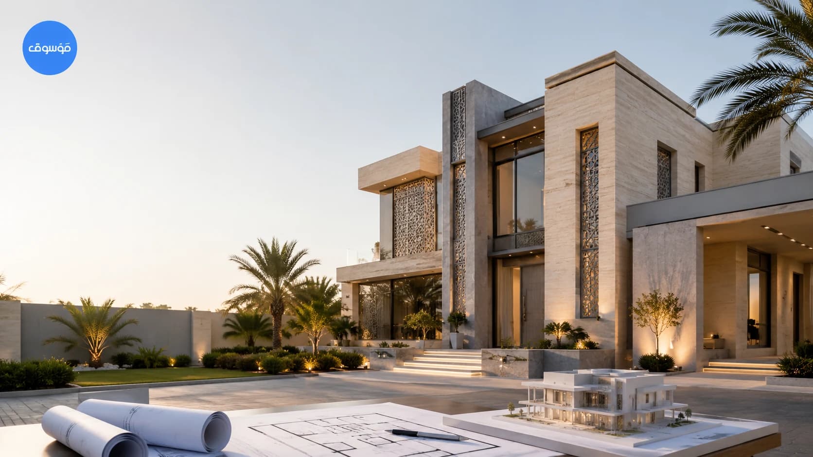 Architectural design in Saudi Arabia with a modern villa, drawings and scale model
