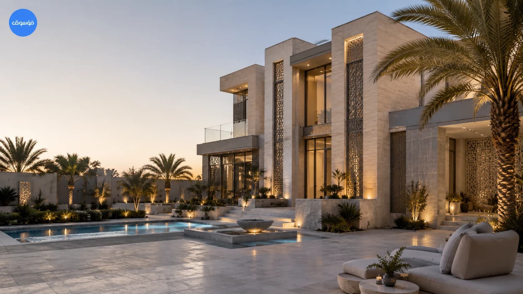 Modern villa design in Saudi Arabia with landscaped courtyard and swimming pool