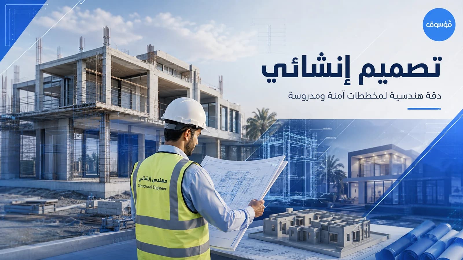 تصميم إنشائي في السعودية مع مهندس يراجع مخططات هيكل فيلا حديثة