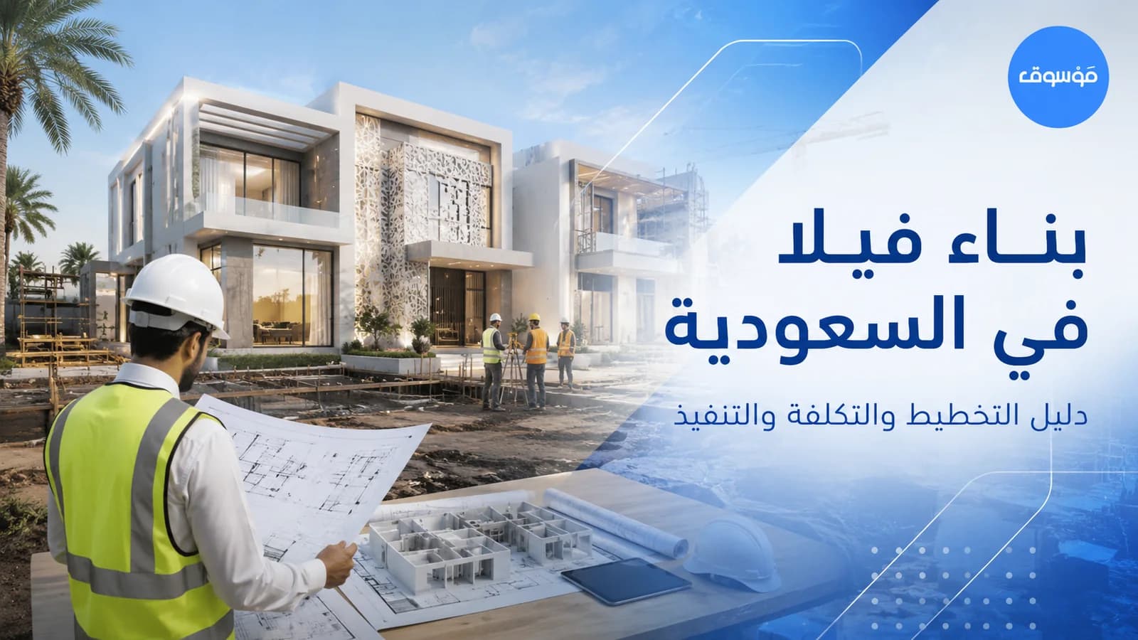 بناء فيلا في السعودية مع مهندس يراجع المخططات في موقع التنفيذ