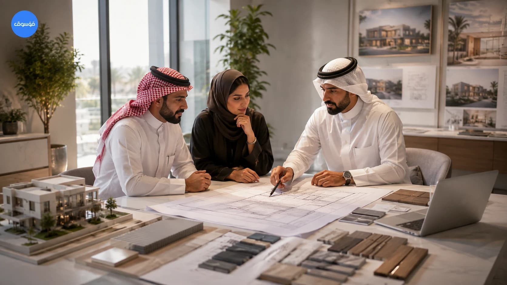 Saudi clients reviewing architectural drawings with a design consultant