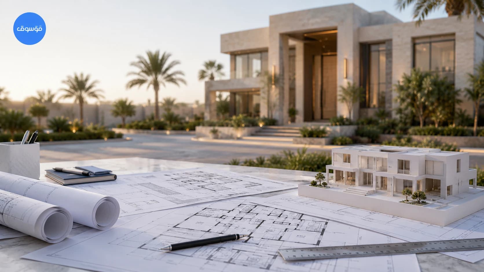 House architectural plans in Saudi Arabia beside a modern villa scale model