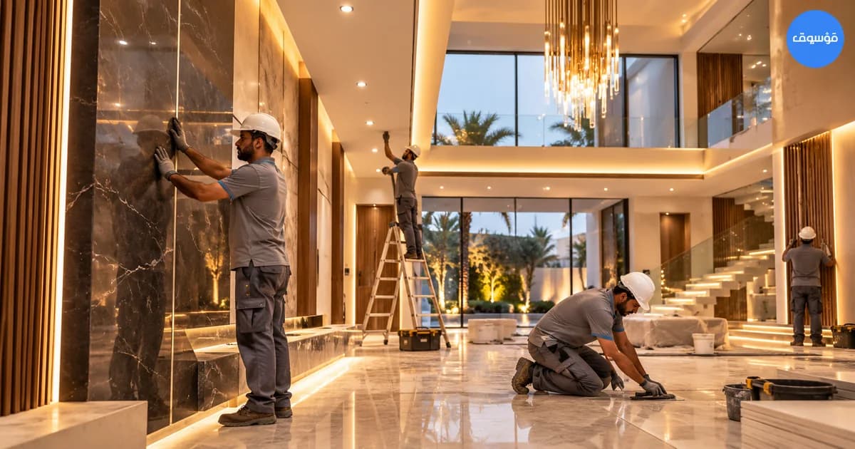 فريق تنفيذ يعمل في المراحل النهائية لتشطيب فيلا حديثة