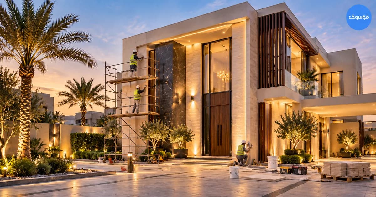 أعمال تشطيب واجهة فيلا حديثة في السعودية